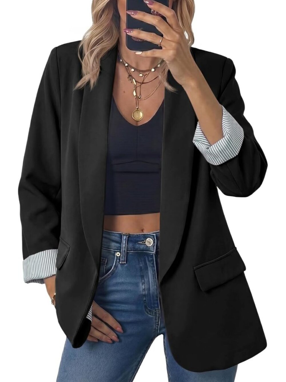 Women's Black Oversized Open Front Shawl Collar Striped Cuff Classic Suit Jacket